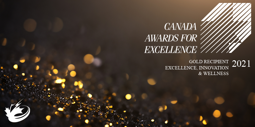 Graphic showing the Excellence Canada gold certification logo on a golden and black background
