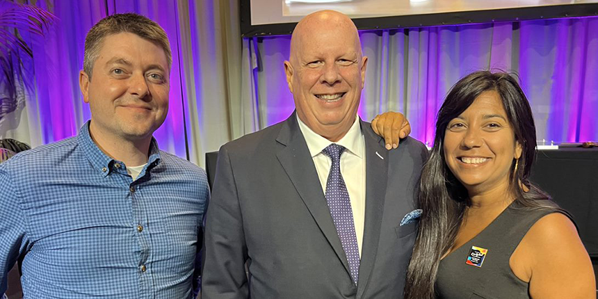 Photo of attendees at the National Council of Examiners of Engineering and Surveying (NCEES) Annual Meeting. From left to right: Kyle Smith, Manager Regulatory Research and International Mobility, David Cox, NCEES CEO, and Kathy Baig, President of Engineers Canada.  4x2