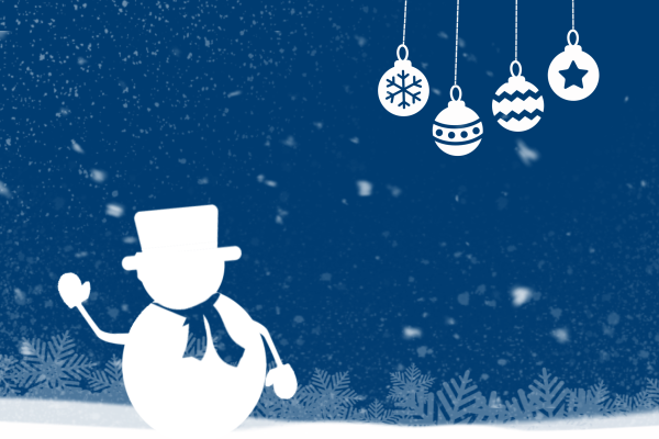 Illustration of a snowman and ornaments in a winter scene