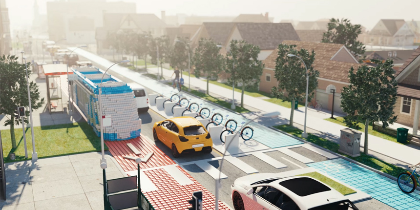 Street scene with building blocks used to illustrate infrastructure improvements