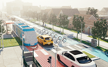Image générée par ordinateur de voitures circulant dans une rue futuriste et colorée, avec en arrière-plan des structures en forme de tubes et des bâtiments modernes.