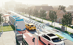 A computer-generated image of cars on a futuristic, colorful street with tube-like structures and modern buildings in the background