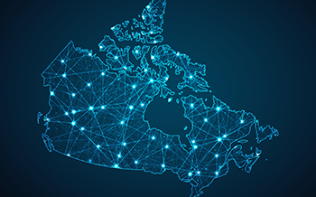 The image shows a stylized map of Canada, created with bright blue lines connecting dots that outline the country’s shape.
