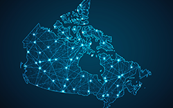 The image shows a stylized map of Canada, created with bright blue lines connecting dots that outline the country’s shape.