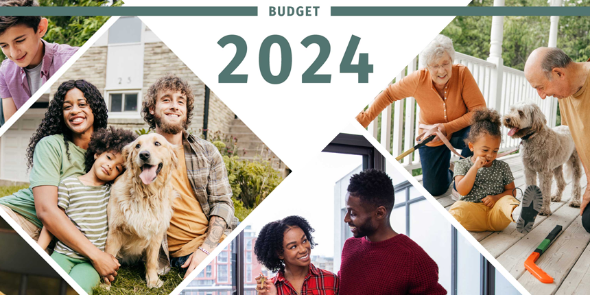 Collage image for Canada's 2024 Budget featuring a family with a dog in a park, an elderly couple with a dog and child, and a couple engaging in a conversation. The text 'BUDGET 2024' is prominently displayed at the top.