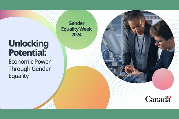 Gender Equality Week 2024 theme “Unlocking Potential: Economic Power Through Gender Equality.” Canada wordmark appears in bottom right corner"