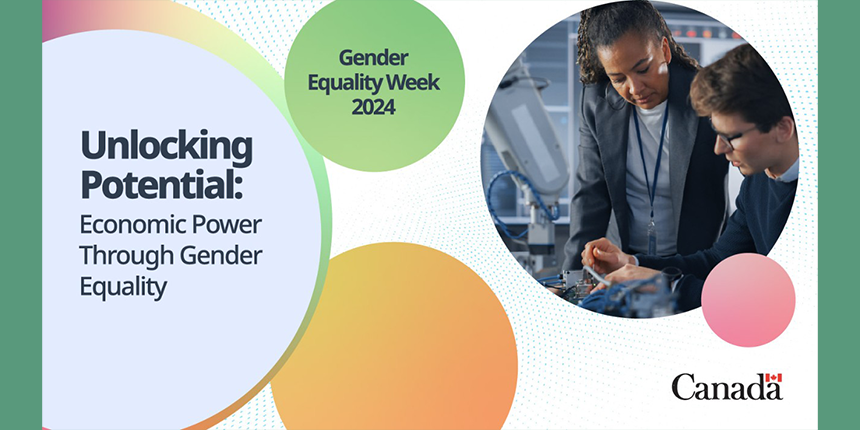 Gender Equality Week 2024 theme “Unlocking Potential: Economic Power Through Gender Equality.” Canada wordmark appears in bottom right corner"