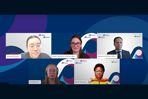 Five people in a virtual conference call, each in separate frames, with a blue and purple abstract background.