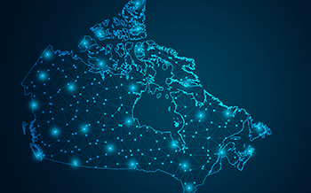 Glowing map of Canada on dark background