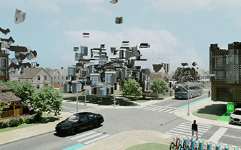 3D rendered graphic of a cityscape with building being transformed