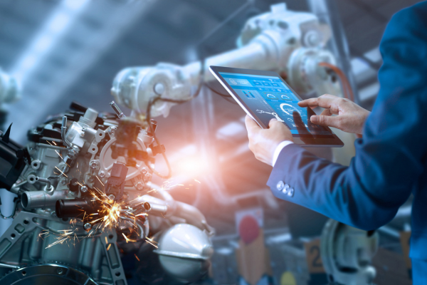Person in a suit operates a touchscreen tablet to control robotic arms working with machinery, with sparks visible during the manufacturing process.