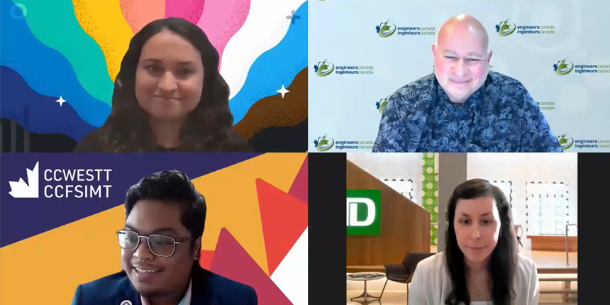 A screenshot of a virtual meeting with four people, each in a separate video frame for a virtual Pride event, with colorful and branded backgrounds behind them.