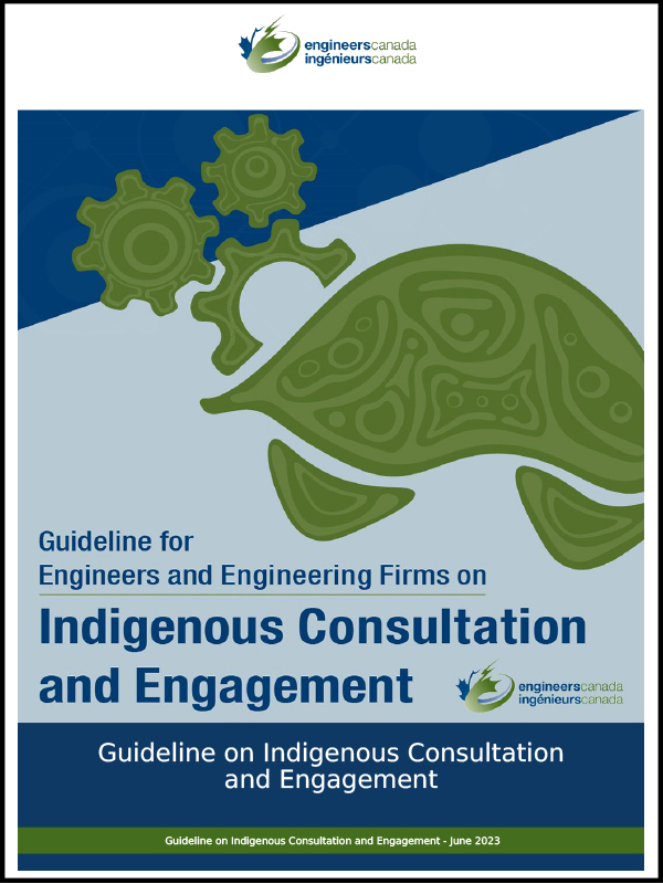 Cover page of a guideline document titled "Indigenous Consultation and Engagement" by Engineers Canada, featuring a green turtle graphic and the organization's logo.