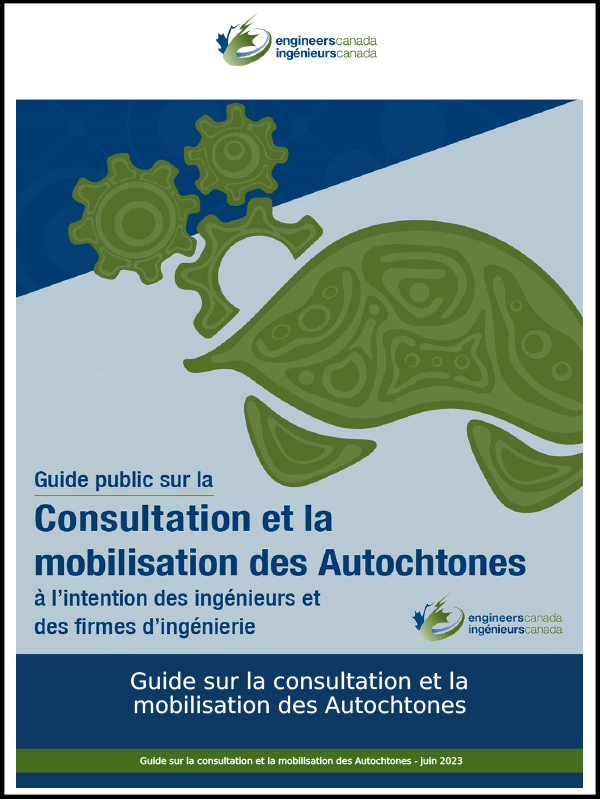 Page de couverture d'un document d'orientation intitulé « Consultation et engagement des Autochtones » publié par Ingénieurs Canada, sur laquelle figurent une tortue verte et le logo de l'organisation.