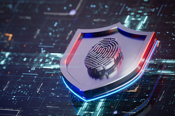A metallic shield with a fingerprint icon, symbolizing cybersecurity and digital protection against threats on a tech-themed background.