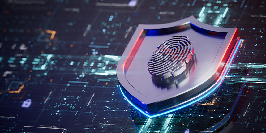 A metallic shield with a fingerprint icon, symbolizing cybersecurity and digital protection against threats on a tech-themed background.
