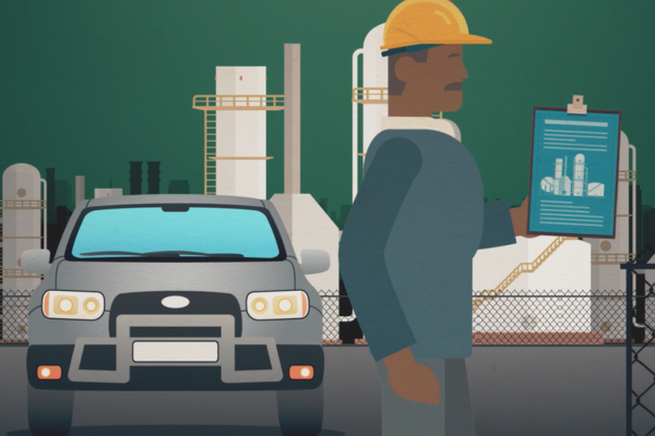 An illustration of a worker in a hard hat holding a clipboard stands near a car in front of an industrial plant with storage tanks and towers.