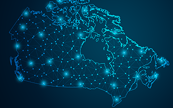 Une carte numérique stylisée du Canada en bleu, présentant un réseau de nœuds lumineux et de lignes d'interconnexion, représentant un réseau national de données ou de communication.