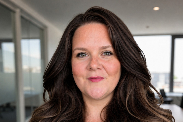 A professional headshot of Laura Paul from Engineers Canada. She is smiling slightly and has long, wavy brown hair, pictured in a modern office setting with large windows in the background.