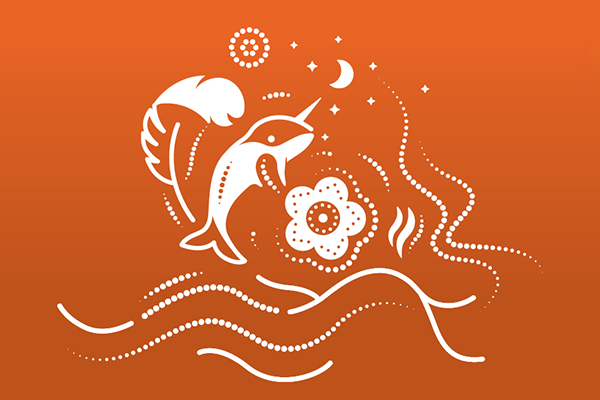 An image with white text and symbols on an orange background. The illustration features a feather, a narwhal and a flower, representing First Nations, Inuit and Métis. The symbols are surrounded by stars, a crescent moon, rising smoke, dotted patterns and flowing lines representing remembrance and the ongoing journey of reconciliation.