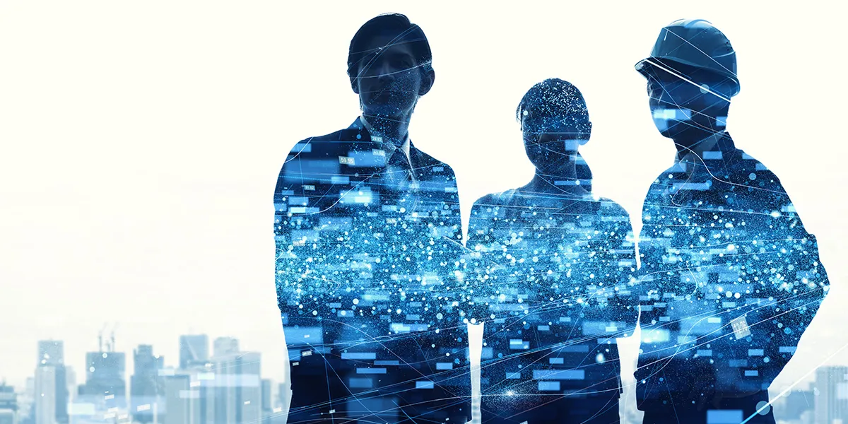 stock graphic silouette of shadow of engineers covered in computer data