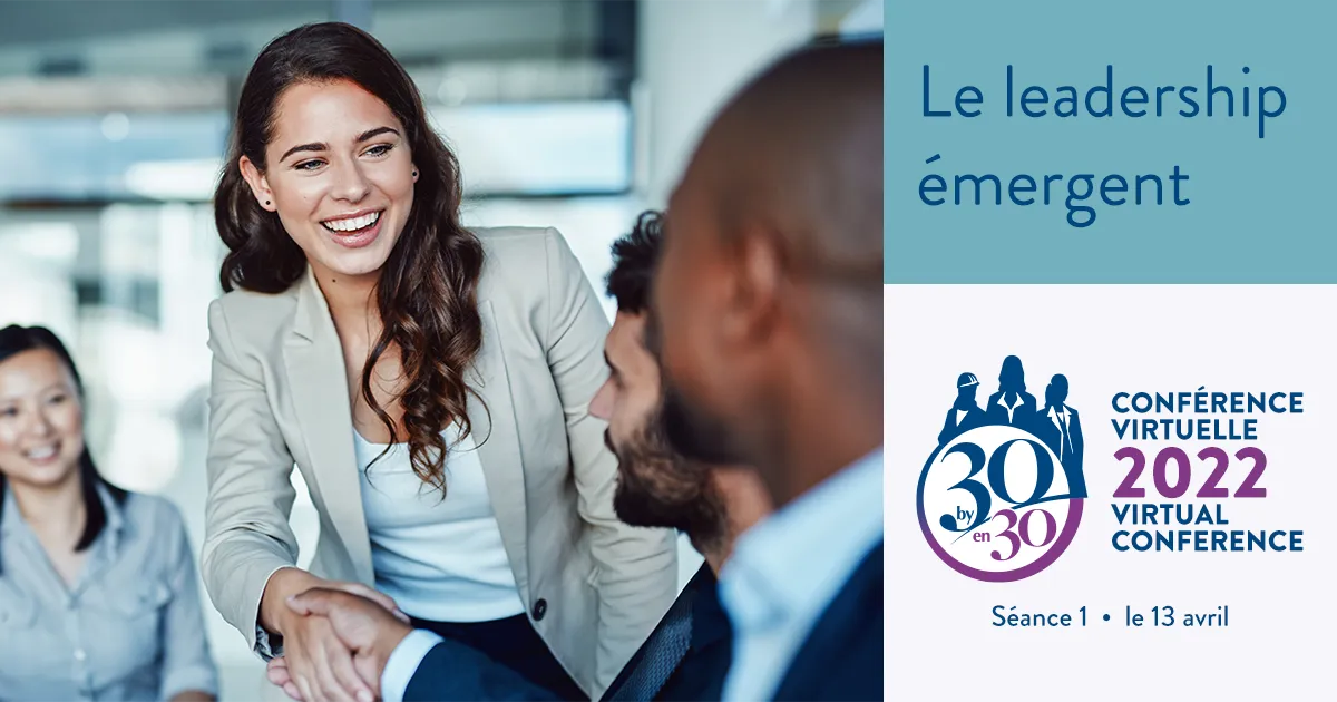 woman shaking hands 30 by 30 logo