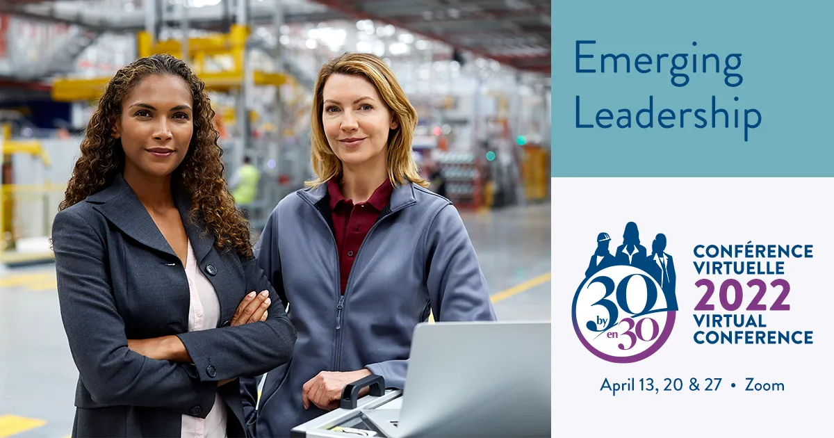 2 women standing in a factory 30 by 30 logo