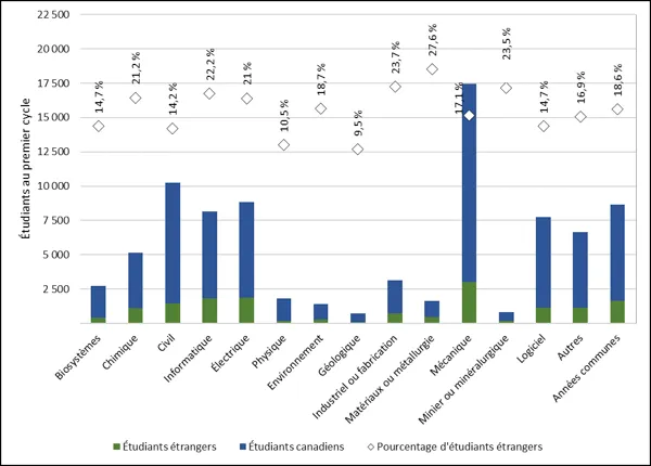 Graphique 3.2 – Étudiants étrangers inscrits au premier cycle par discipline (2022, équivalents temps plein) 