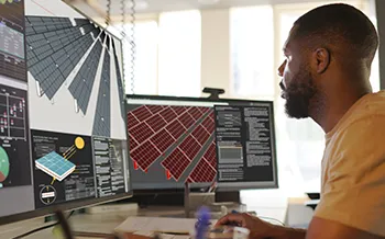 L'image montre une personne travaillant devant plusieurs écrans d'ordinateur affichant divers types de données et d'interfaces.
