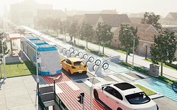 Image générée par ordinateur de voitures circulant dans une rue futuriste et colorée, avec en arrière-plan des structures en forme de tubes et des bâtiments modernes.