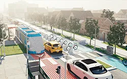 Image générée par ordinateur de voitures circulant dans une rue futuriste et colorée, avec en arrière-plan des structures en forme de tubes et des bâtiments modernes.