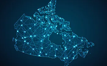 L'image montre une carte stylisée du Canada, créée à l'aide de lignes bleu vif reliant les points qui dessinent la forme du pays.