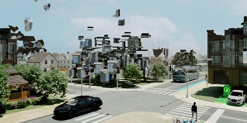 A street scene featuring a car navigating the road, with shops and people visible in the lively urban environment.