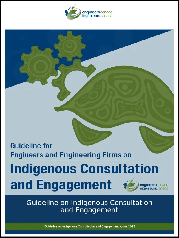 Cover page of a guideline document titled "Indigenous Consultation and Engagement" by Engineers Canada, featuring a green turtle graphic and the organization's logo.