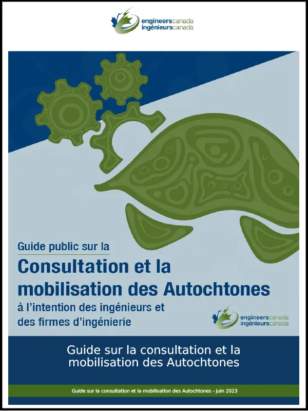 Page de couverture d'un document d'orientation intitulé « Consultation et engagement des Autochtones » publié par Ingénieurs Canada, sur laquelle figurent une tortue verte et le logo de l'organisation.