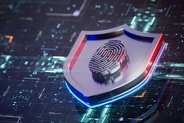 Un bouclier métallique avec une icône représentant une empreinte digitale, symbolisant la cybersécurité et la protection numérique contre les menaces, sur un fond inspiré du thème de la technologie.