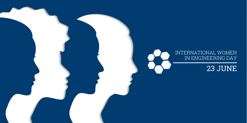 A graphic celebrating International Women in Engineering Day on 23 June. The left side features stylized silhouette profiles of diverse women's faces layered in blue and white. On the right, a dark blue background displays the event name, date, and an icon made of a ring of hexagons.