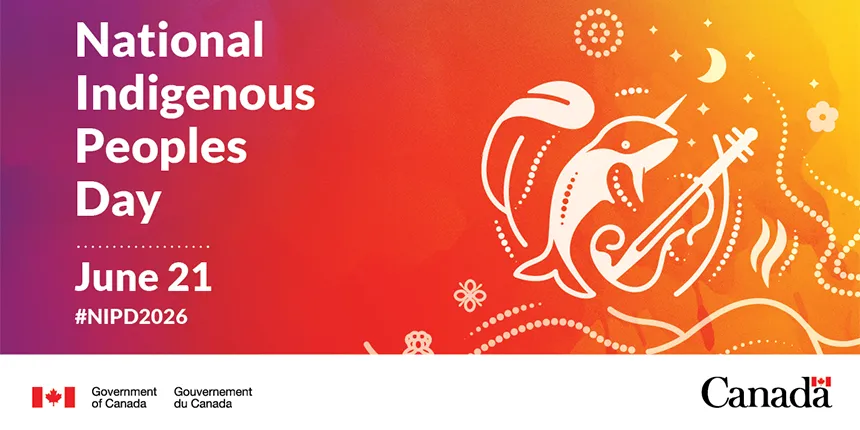 Government of Canada promotional graphic for National Indigenous Peoples Day on June 21, featuring the hashtag #NIPD2026. The right side displays Indigenous artistic iconography including a narwhal and a fiddle against a vibrant purple, red, and orange background.