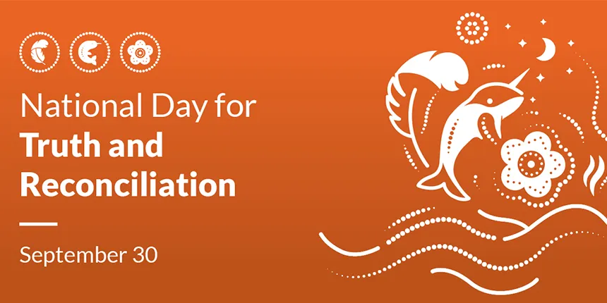 An image with white text and symbols on an orange background. The illustration features a feather, a narwhal and a flower, representing First Nations, Inuit and Métis. The symbols are surrounded by stars, a crescent moon, rising smoke, dotted patterns and flowing lines representing remembrance and the ongoing journey of reconciliation. 